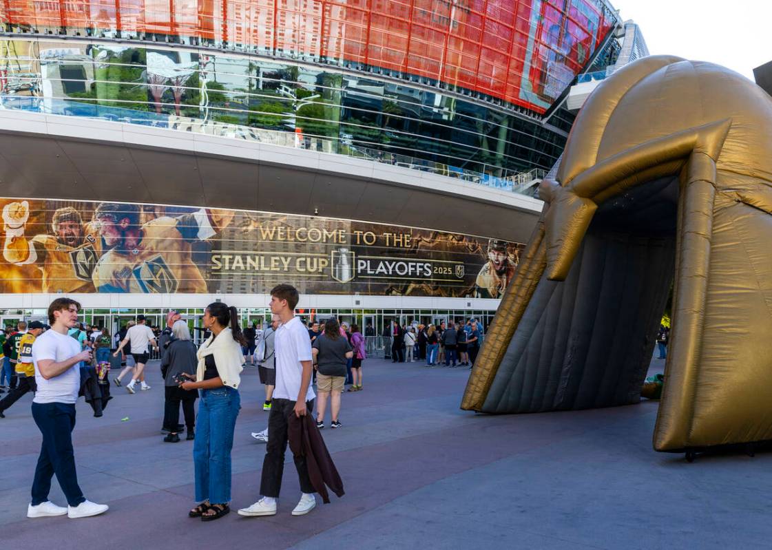 Golden Knights fans gather outside before game five against the Minnesota Wild in the Stanley C ...