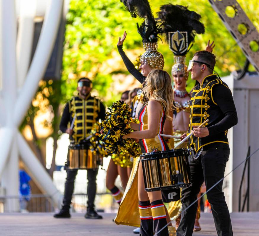Golden Knights fans are warmed up for action while outside before game five against the Minneso ...