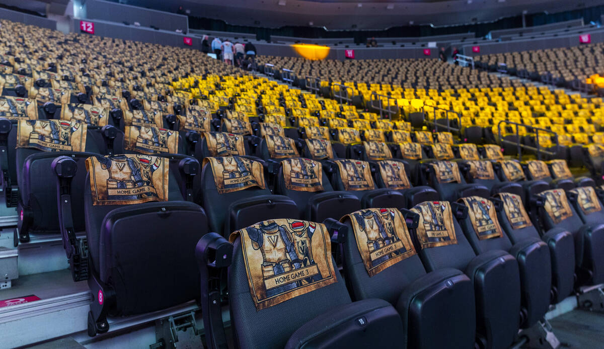 Golden Knights towels await fans on the seats in the arena before game five against the Minnes ...