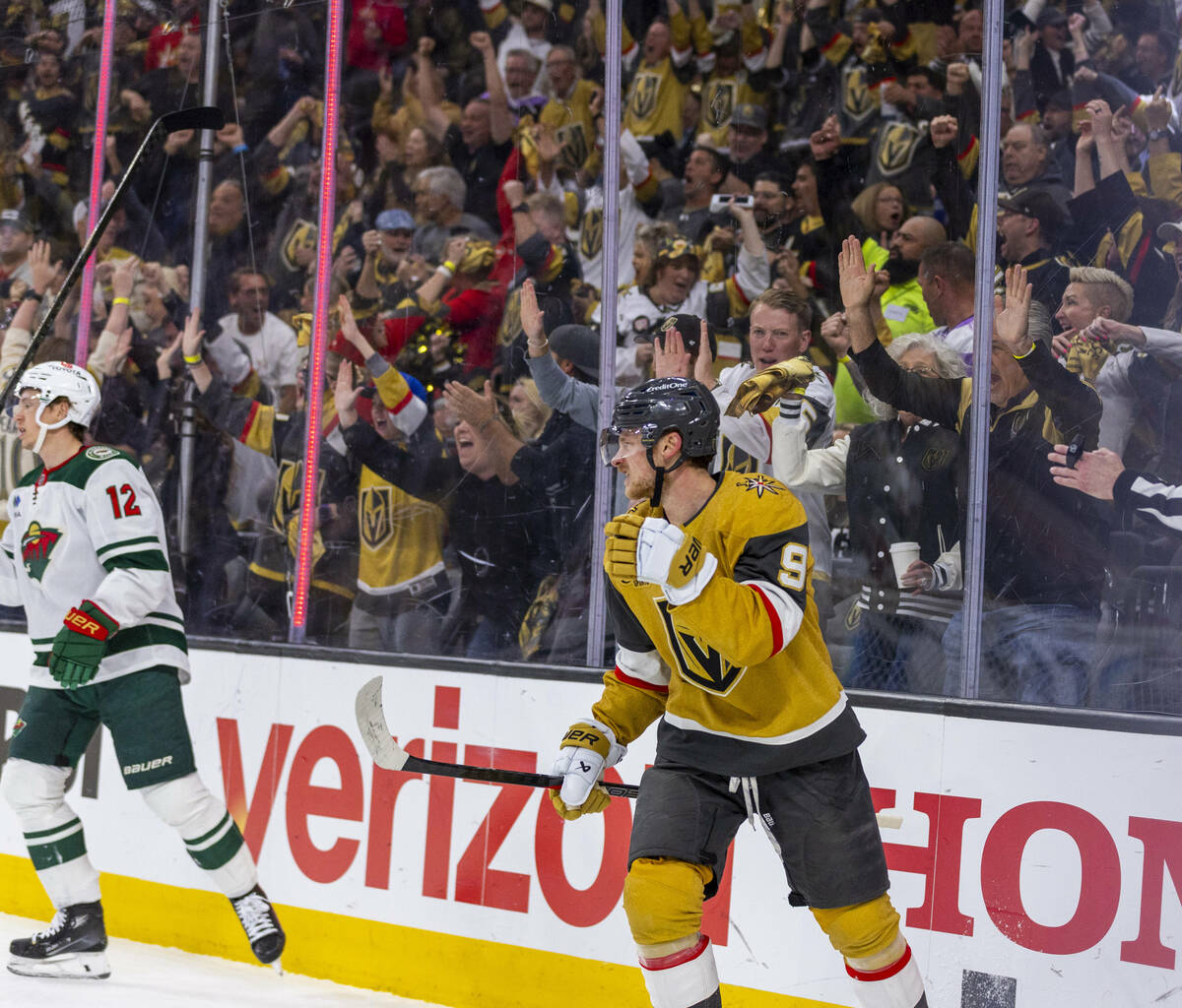 Golden Knights center Jack Eichel (9) looks to an assist for a score against the Minnesota Wild ...