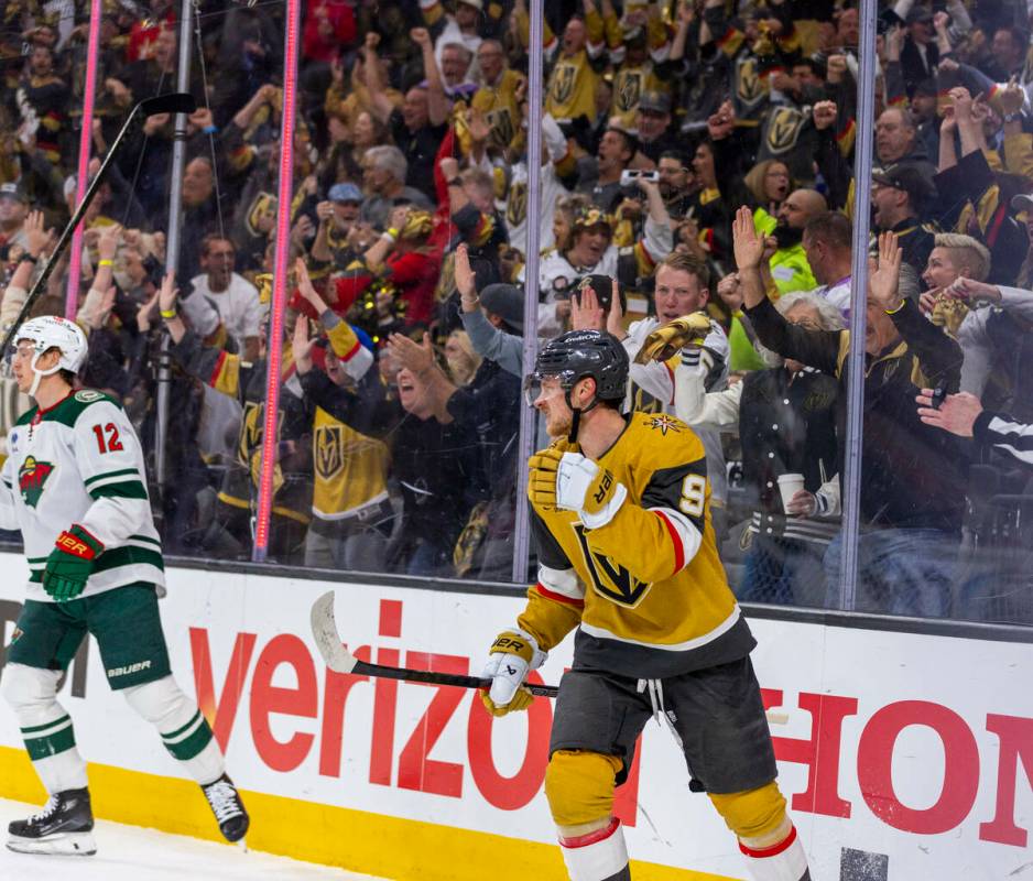 Golden Knights center Jack Eichel (9) looks to an assist for a score against the Minnesota Wild ...