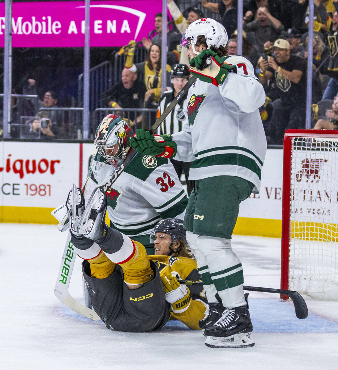 Golden Knights center William Karlsson (71) crashes into the goal after an assist on a score ag ...