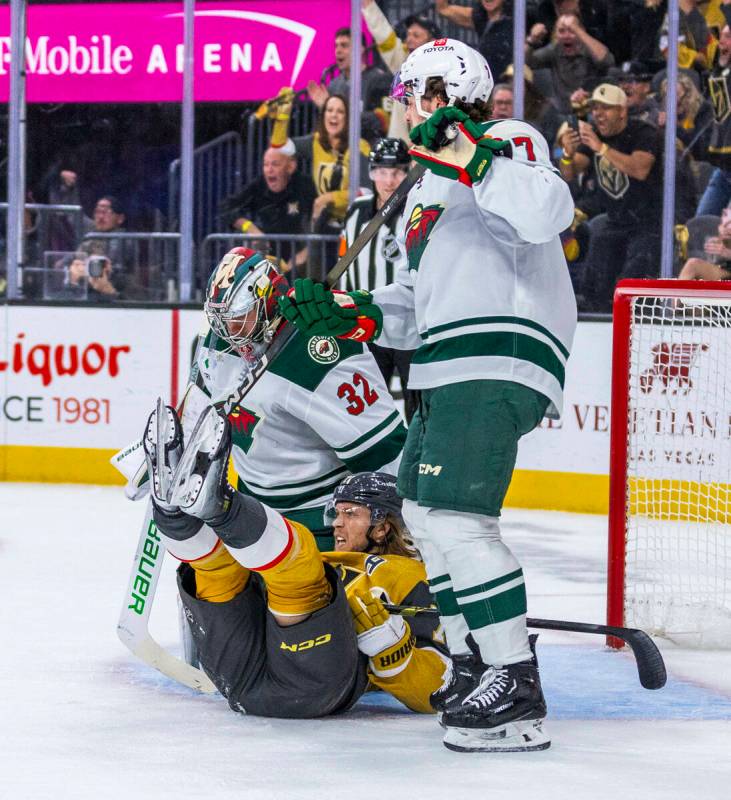 Golden Knights center William Karlsson (71) crashes into the goal after an assist on a score ag ...