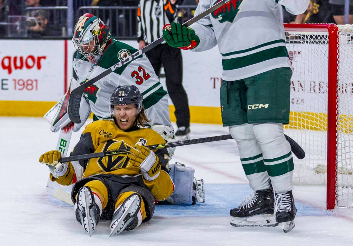 Golden Knights center William Karlsson (71) crashes into the goal after an assist on a score ag ...