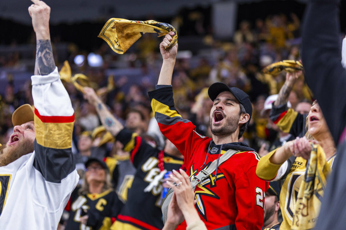 Golden Knights fans celebrate their second goal against the Minnesota Wild during the first per ...
