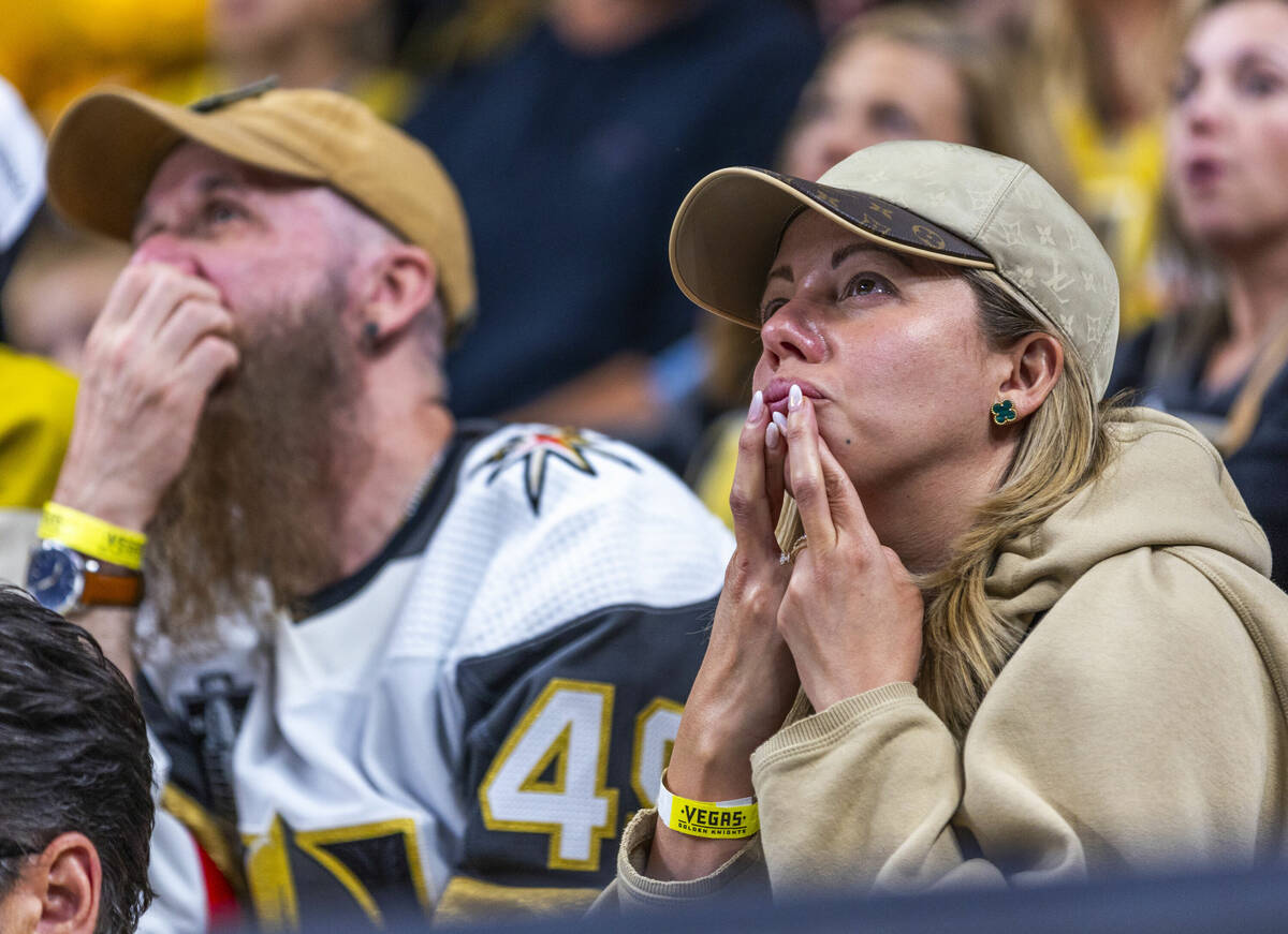 Golden Knights fans hope for an overturn call on the score by the Minnesota Wild during the thi ...