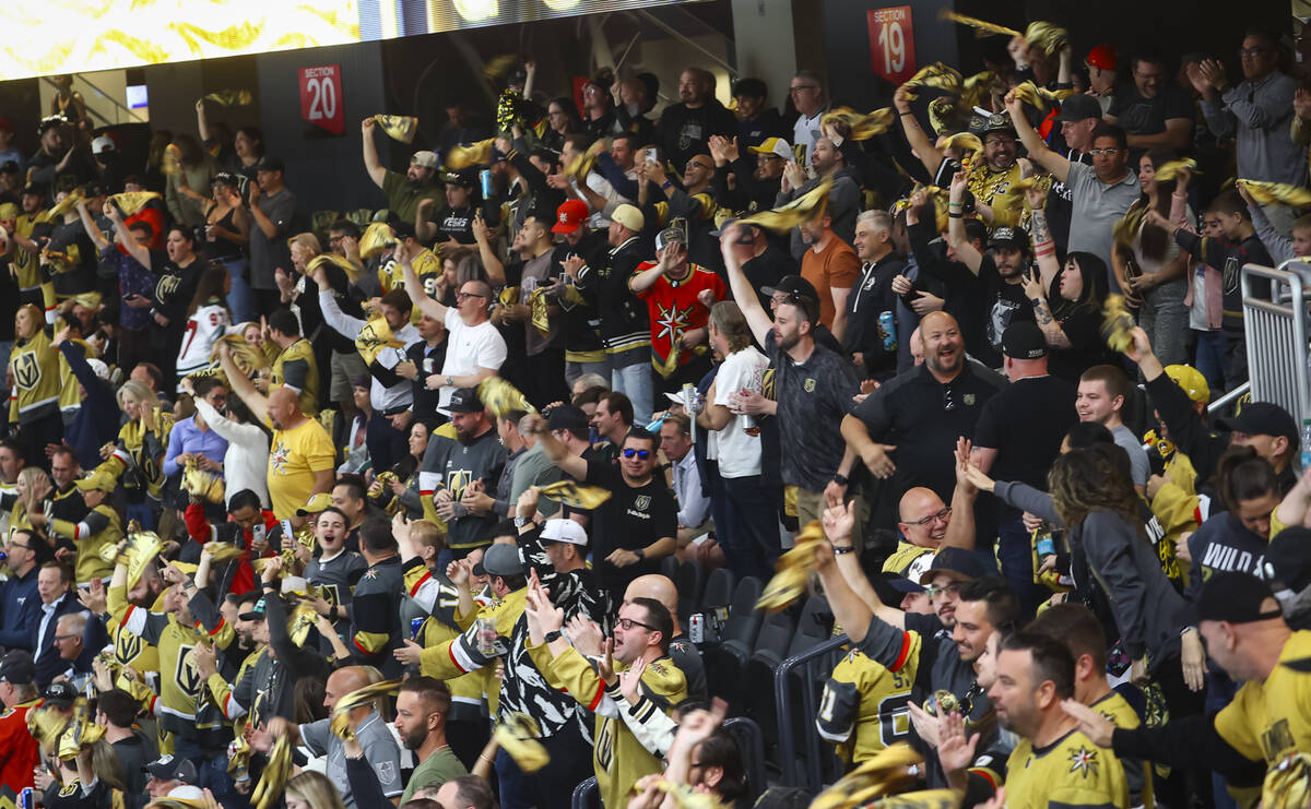 Golden Knights fans celebrate a goal against the Minnesota Wild during the first period of Game ...