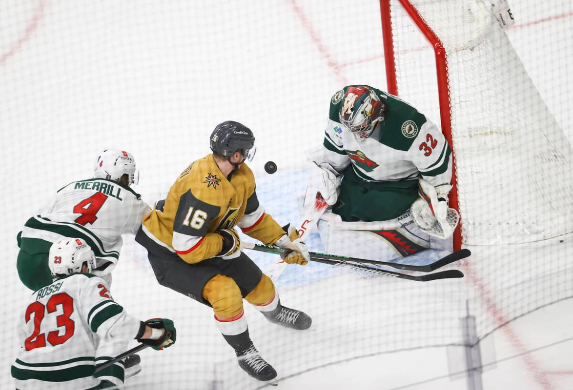 Minnesota Wild goaltender Filip Gustavsson (32) deflects a shot from Golden Knights left wing P ...