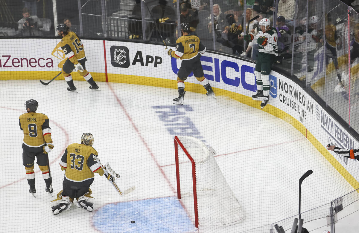 Minnesota Wild left wing Matt Boldy (12) celebrates his goal against the Golden Knights during ...