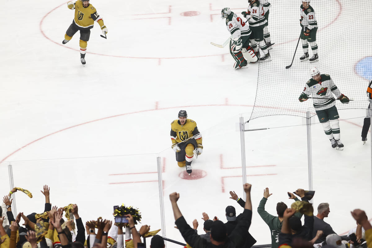 Golden Knights center Brett Howden (21) celebrates his game-winning goal against the Minnesota ...