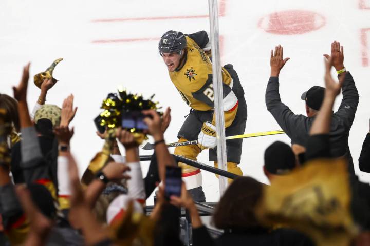 Golden Knights center Brett Howden (21) celebrates his game-winning goal against the Minnesota ...