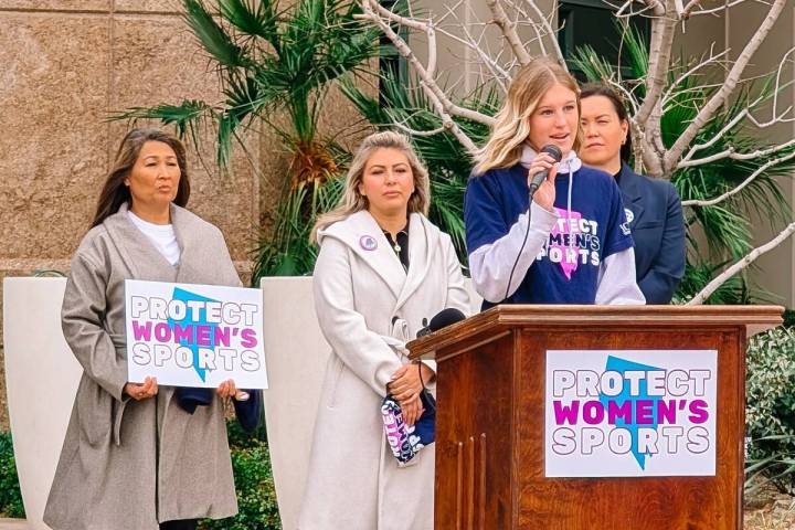 Kendall Lewis, a junior attending Galena High School, speaks at a Protect Women’s Sports even ...