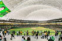 An artist rendering of the Athletics' planned Las Vegas ballpark shown during a March 6, 2025, ...