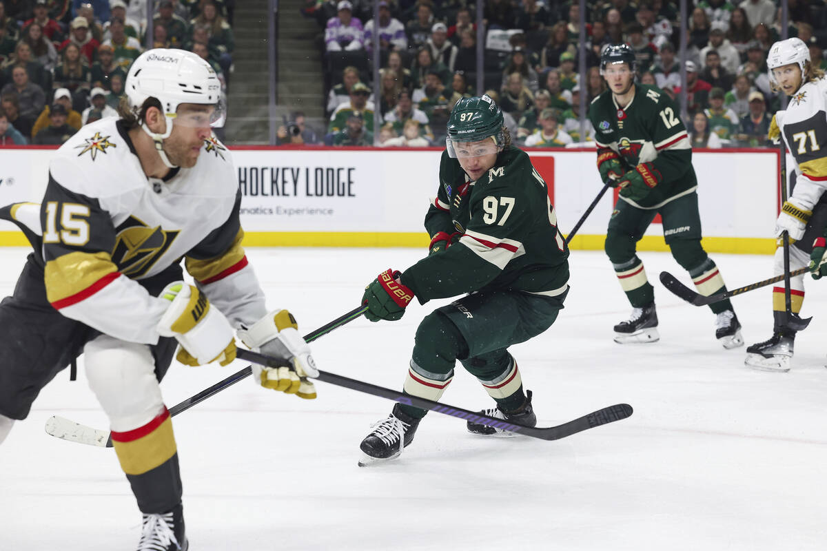 Minnesota Wild left wing Kirill Kaprizov (97) moves across the ice against the Vegas Golden Kni ...