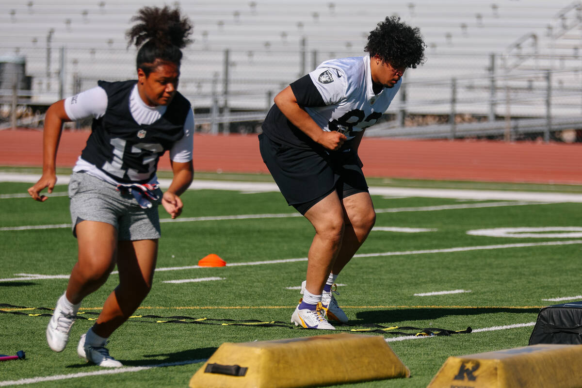 Clark High School offensive lineman Dominic Harris works a warmup drill at practice on Tuesday, ...