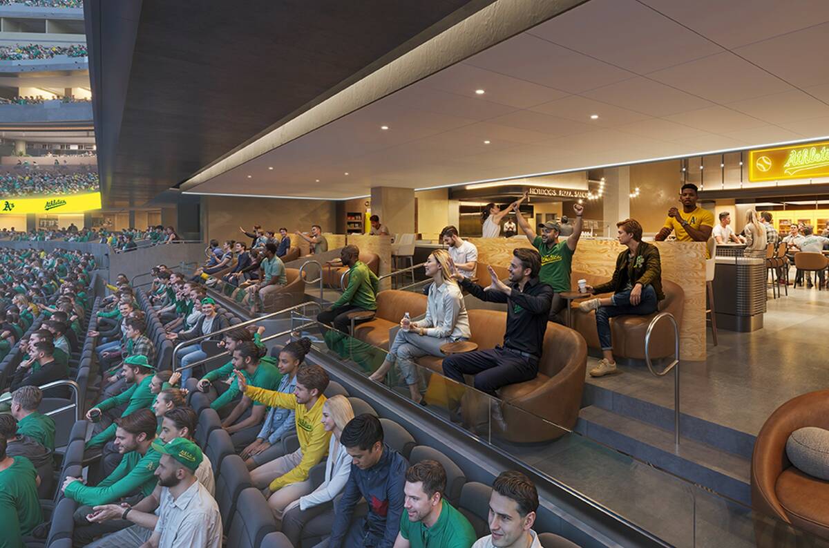 An artist rendering of the Athletics' planned Las Vegas ballpark shown during a March 6, 2025, ...