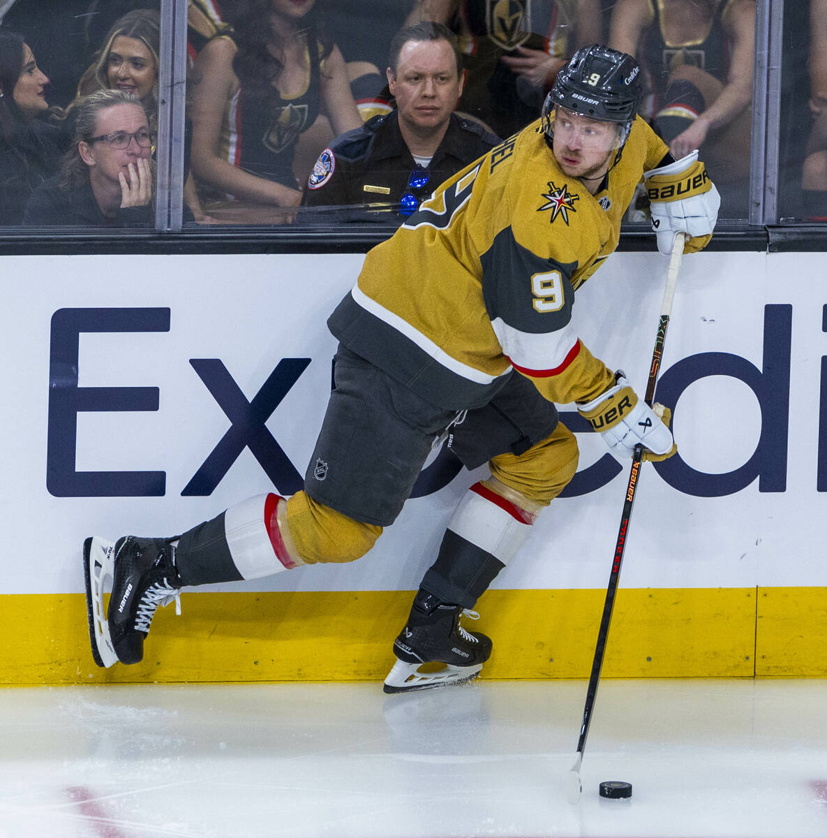 Golden Knights center Jack Eichel (9) looks to pass against the Minnesota Wild during the secon ...