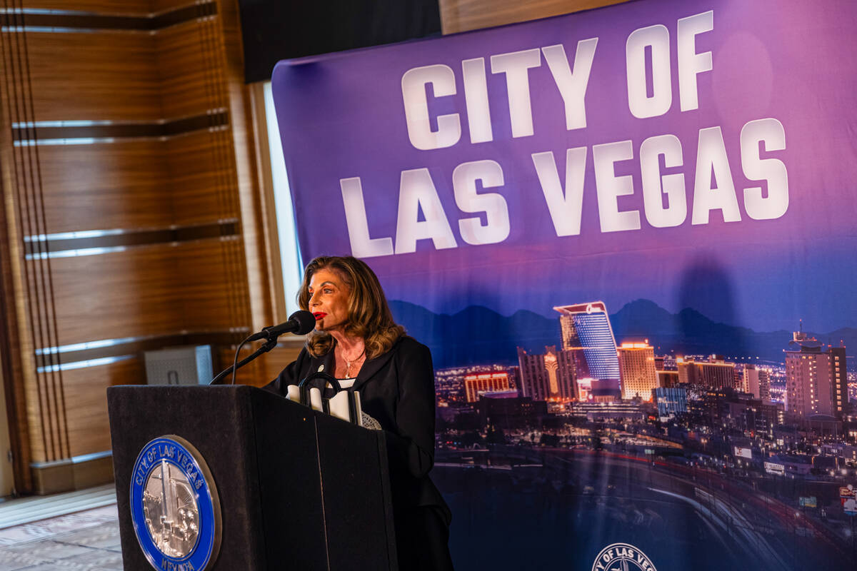 Las Vegas Mayor Shelley Berkley speaks with the media after her State of the City address at Th ...