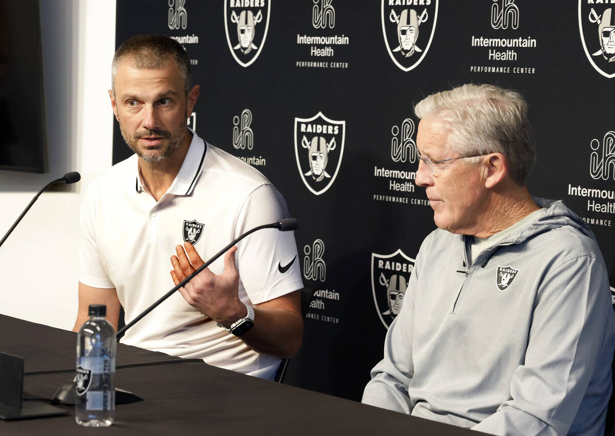 Raiders General Manager John Spytek speaks during the 2025 NFL pre-draft press conference as he ...