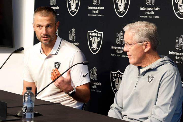 Raiders General Manager John Spytek speaks during the 2025 NFL pre-draft press conference as he ...