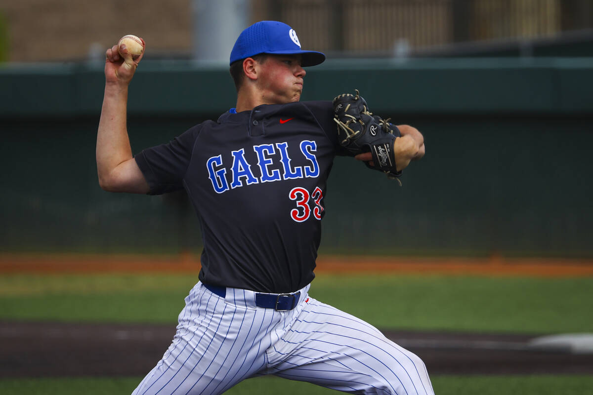 Bishop Gorman's James Whitaker pitches to Archbishop Moeller, of Cincinnati, Ohio, during a bas ...