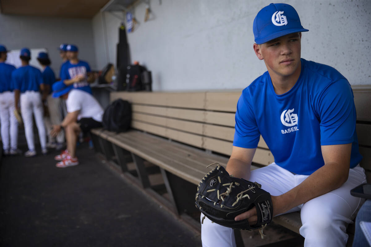 Bishop Gorman pitcher James Whitaker talks in the dugout at Bishop Gorman High School on Tuesda ...