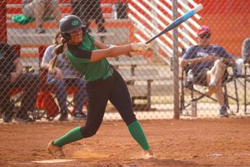 Palo Verde's Taylor Johns hits the ball during a softball game at Arbor View High School on Mon ...