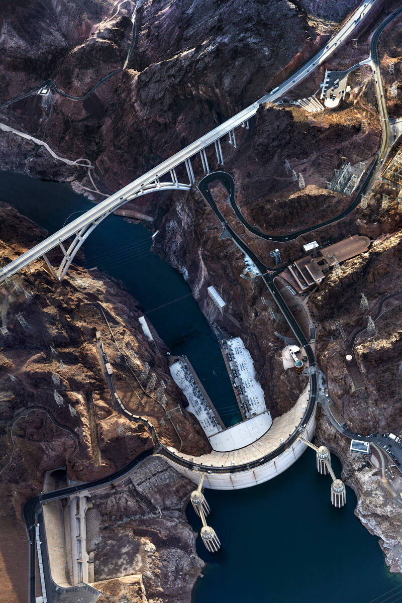 The Mike O'Callaghan–Pat Tillman Memorial Bridge and the Hoover Dam span the Colorado Ri ...