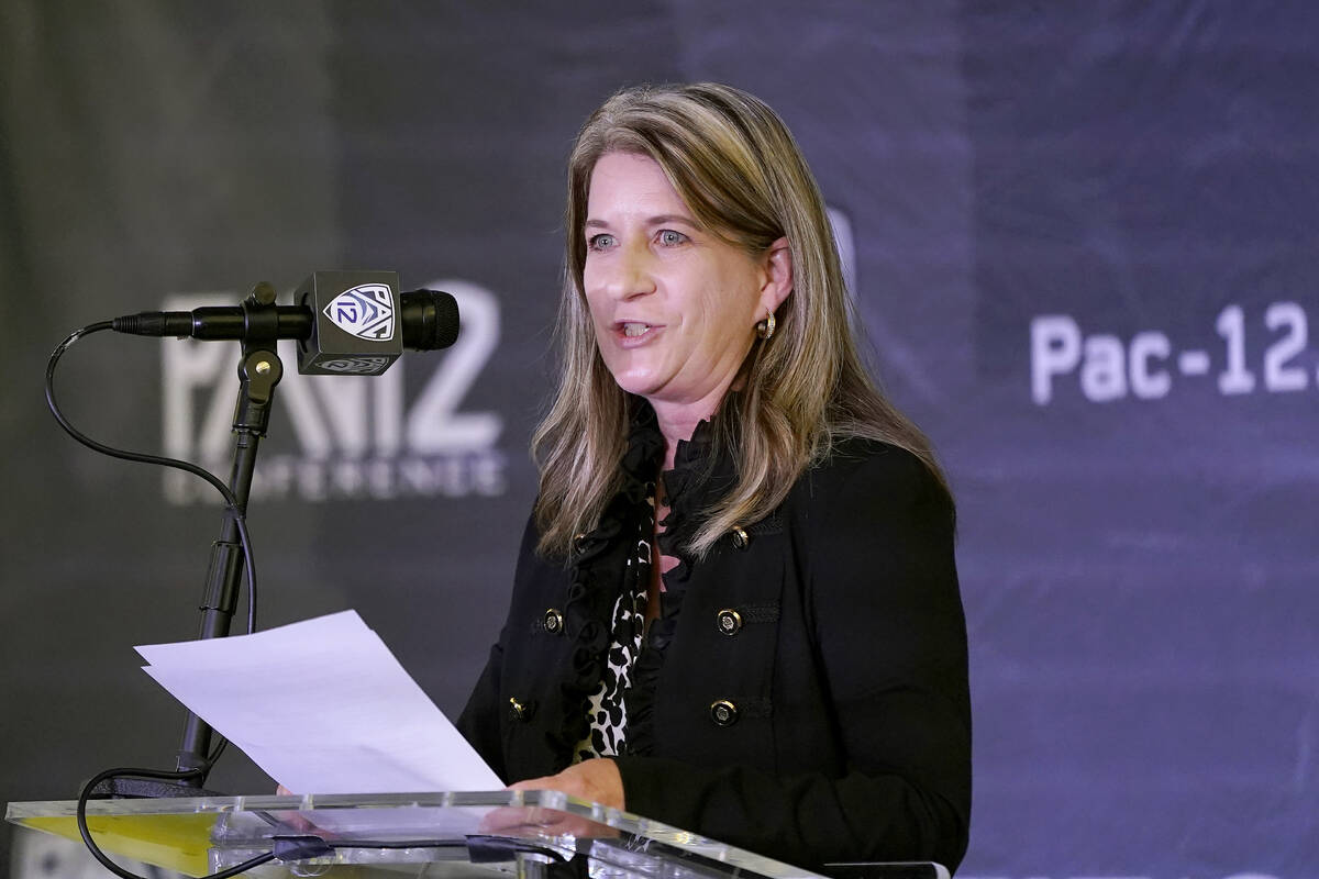 Pac-12 Senior Associate Commissioner Teresa Gould speaks during the conference's basketball med ...