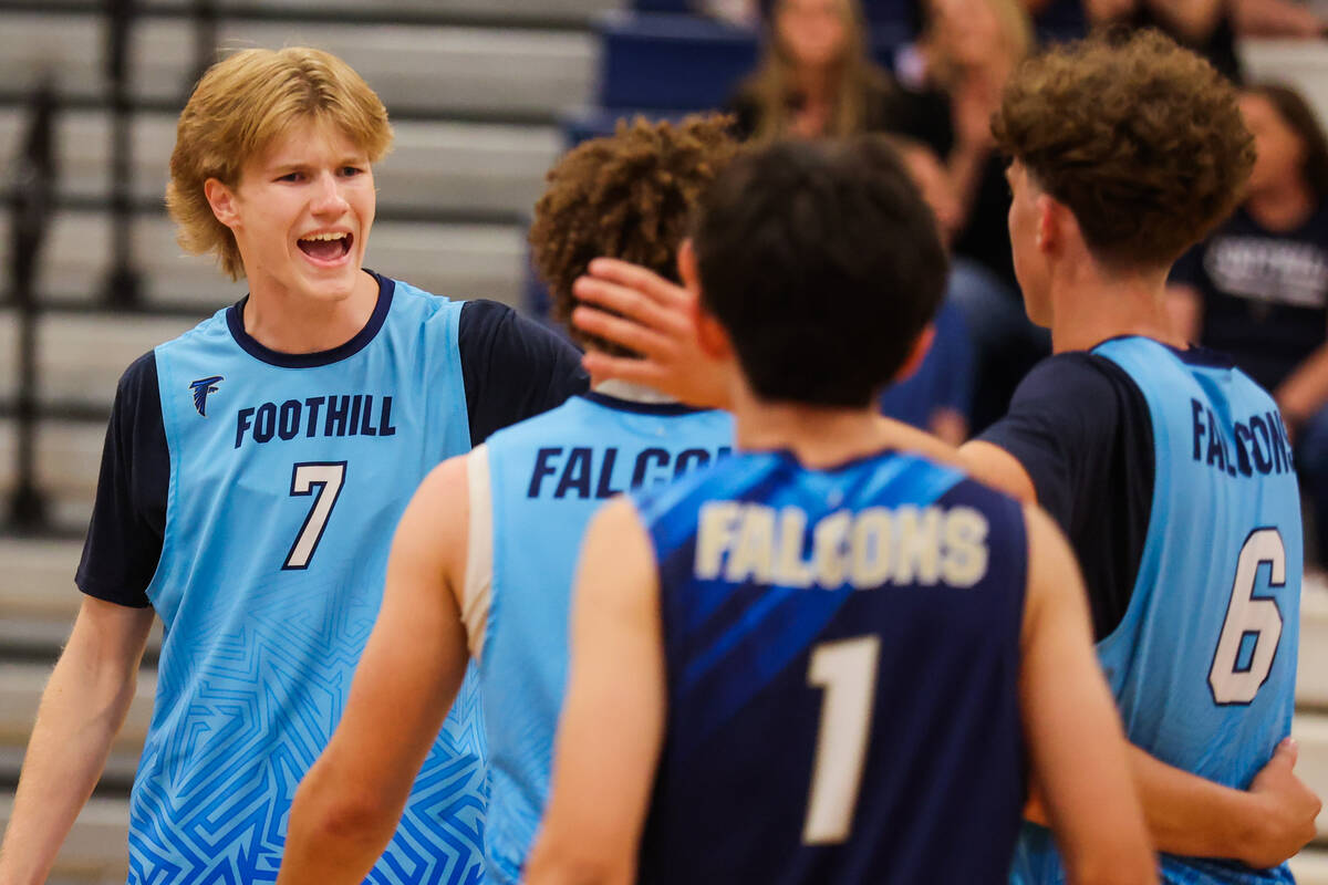 Foothill middle hitter Hayden Mauro (7) celebrates with his team during a volleyball game betwe ...