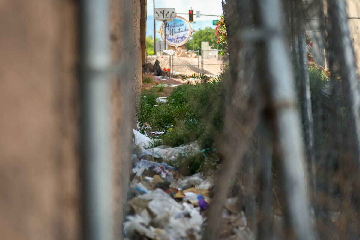 Trash and greenery cover the area next to the off-ramp from westbound Interstate 11 to northbou ...