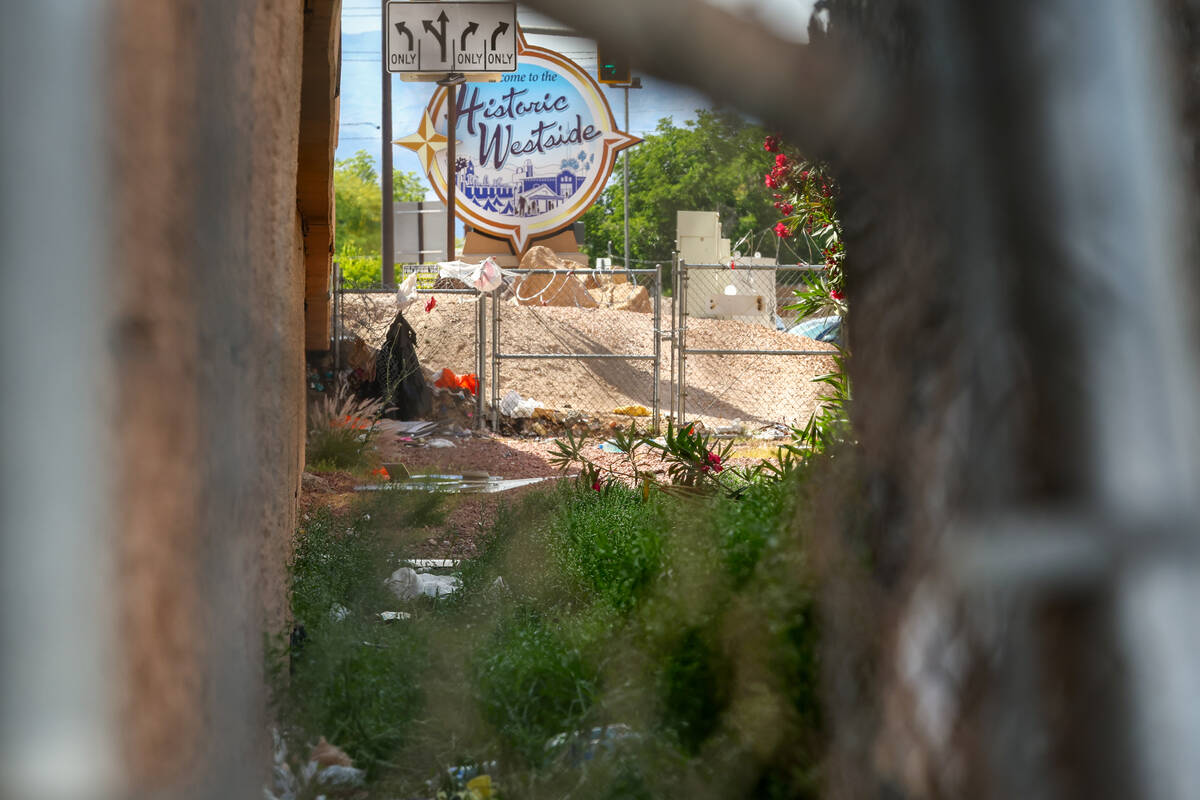 Trash and greenery cover the area next to the off-ramp from westbound Interstate 11 to northbou ...