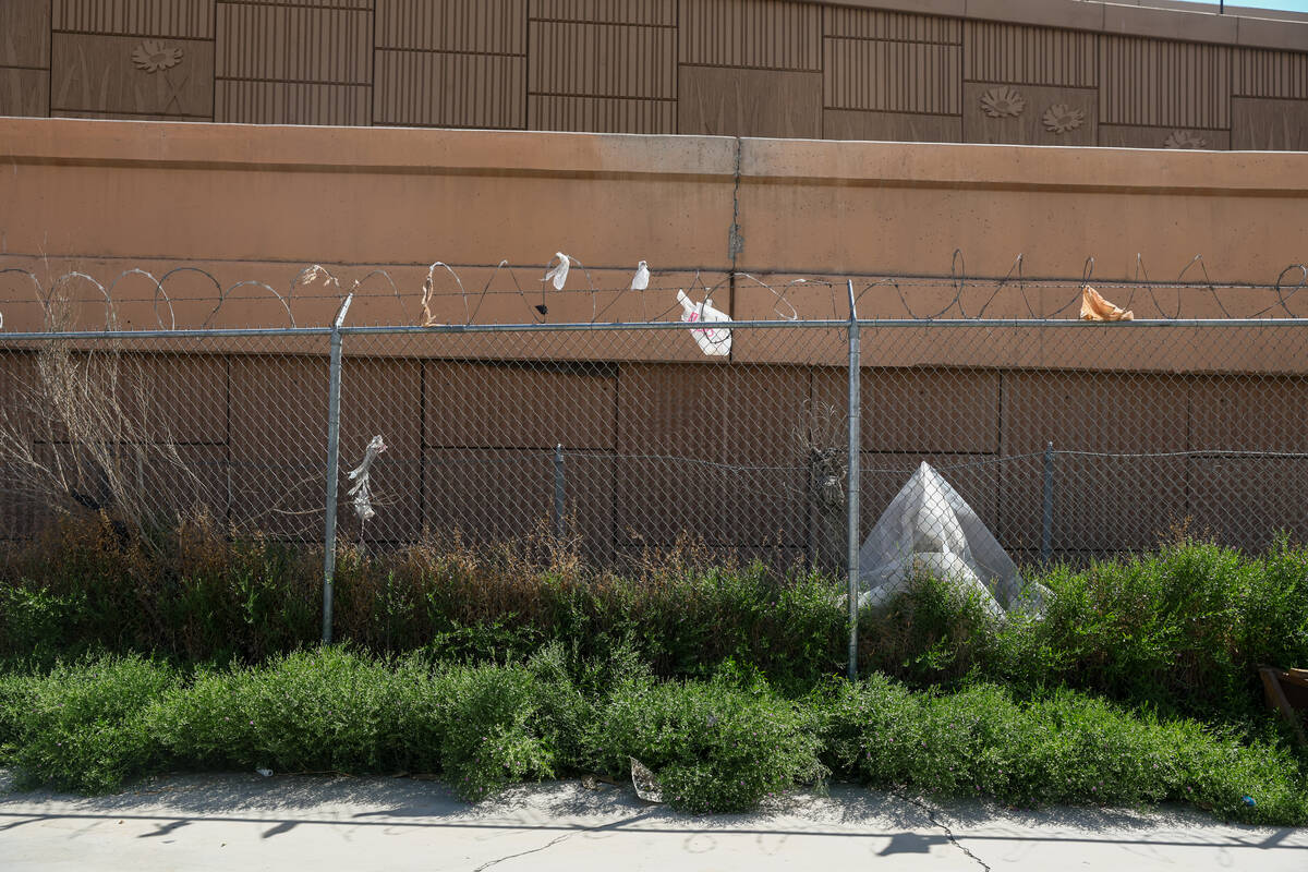Trash and greenery cover the area next to the off-ramp from westbound Interstate 11 to northbou ...