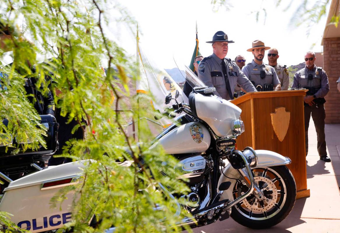 Trooper Shawn Haggstrom, a spokesperson for the Nevada Highway Patrol, speaks about motorcycle ...