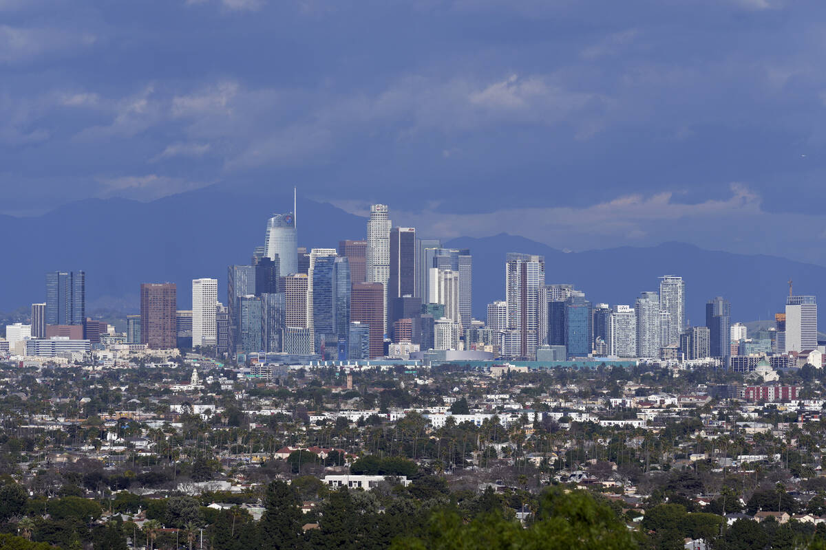 The Los Angeles skyline is seen from a Baldwin Hills overlook, Feb. 9, 2024. (AP Photo/Damian D ...