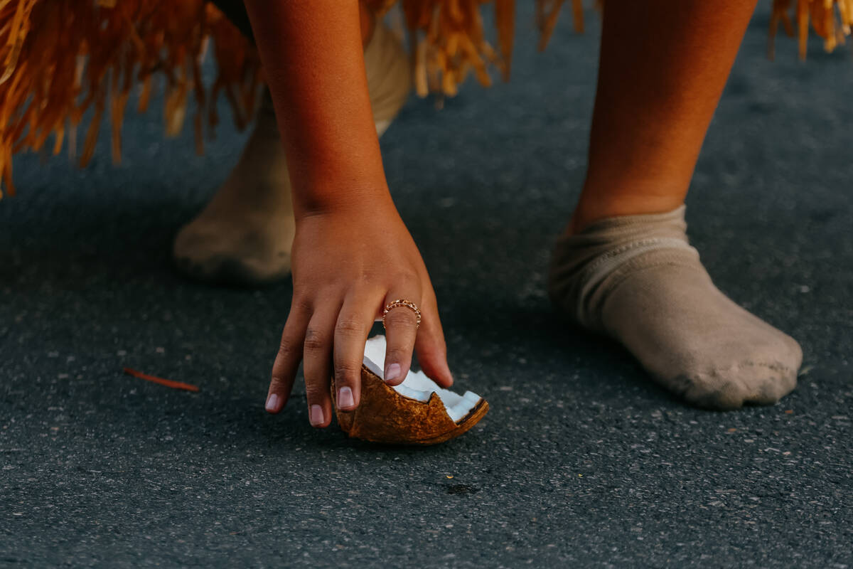 A Fiji culture performer with Teva Kanui Poynesian Dance School picks up a piece of coconut tha ...