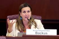 Assembly member Shea Backus, D-Las Vegas, asks a question during a committee meeting in the Leg ...