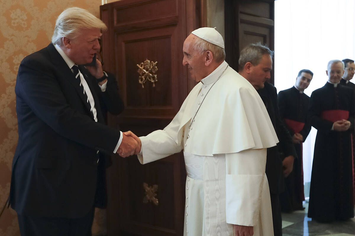 FILE - Pope Francis meets with President Donald Trump, left, on the occasion of their private a ...