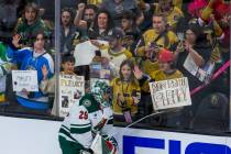 Minnesota Wild goaltender Marc-Andre Fleury (29) is celebrated by the fans during warm ups befo ...