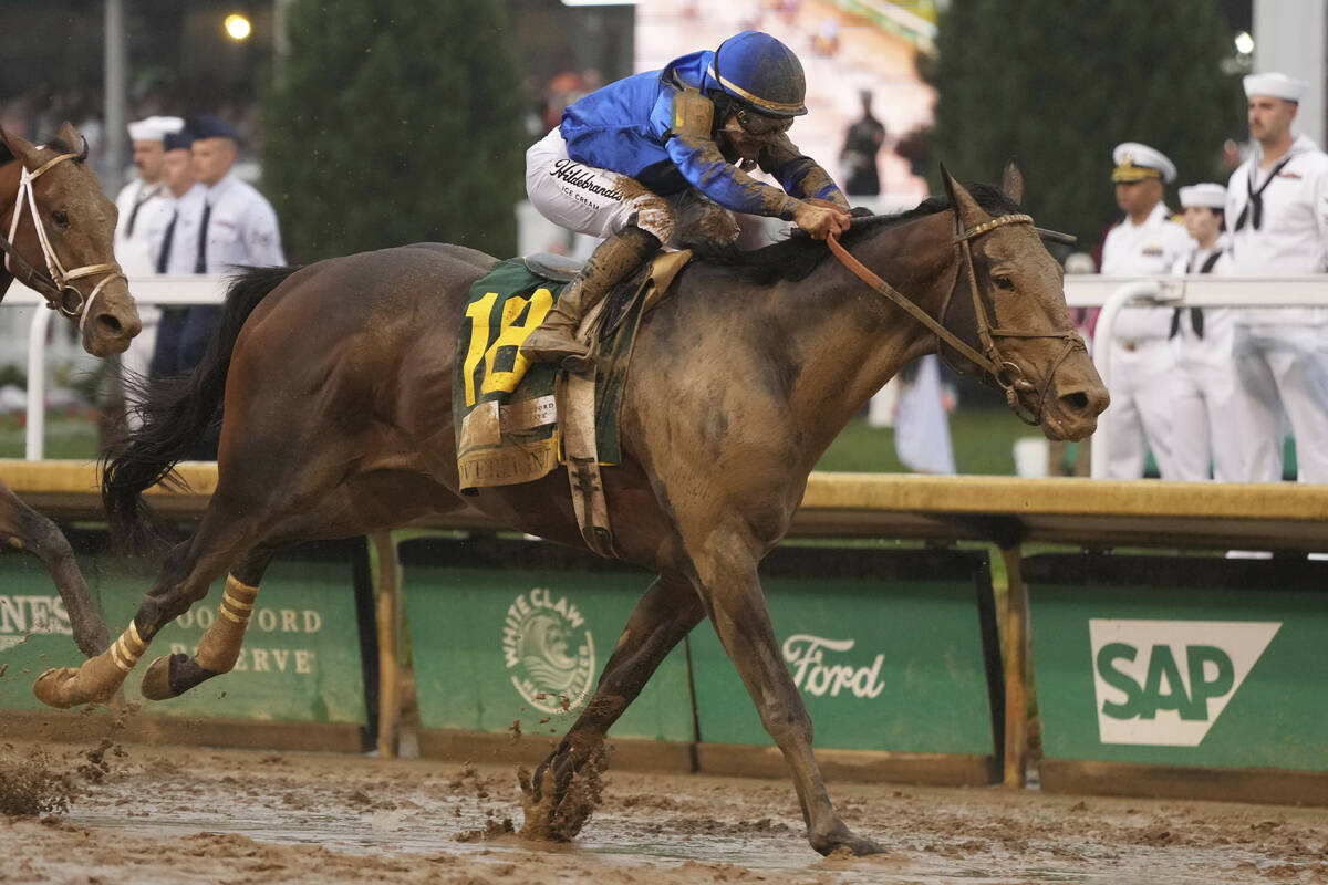 Sovereignty, ridden by Junior Alvarado, crosses the finish line to win the 151st running of the ...