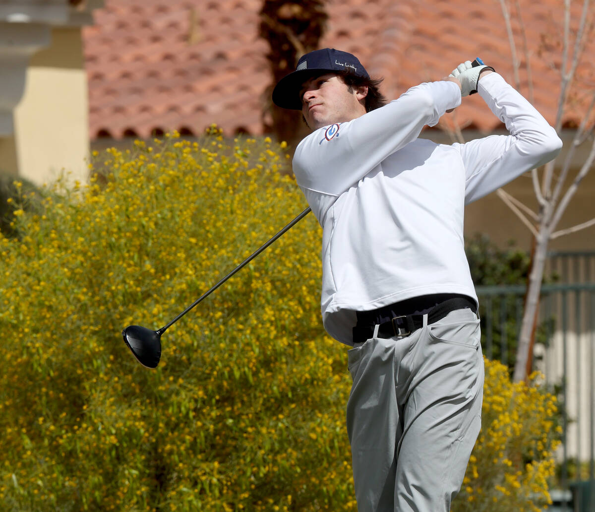Wade Arcella of Bishop Gorman watches his tee shot on the third hole during the NIAA 5A Mountai ...