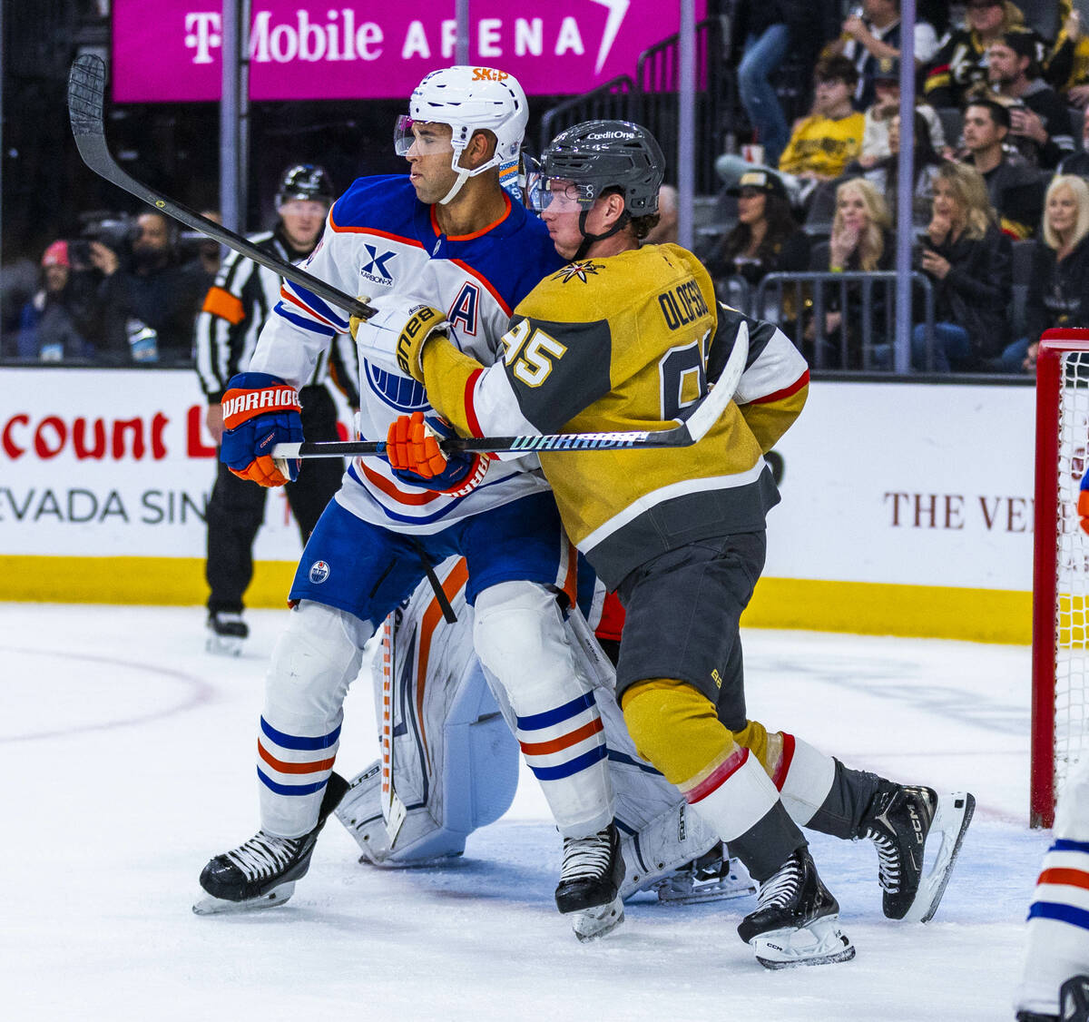 Edmonton Oilers defenseman Darnell Nurse (25) and Golden Knights right wing Victor Olofsson (95 ...