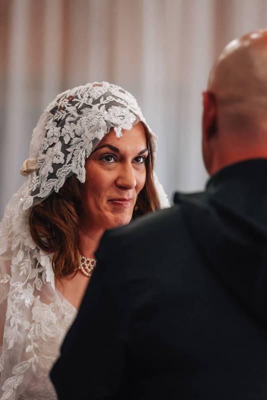 Celeste McCormack looks to her groom, William, during a “Star Wars” themed weddin ...