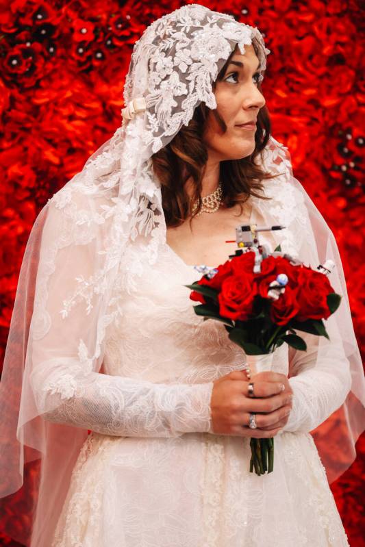 Celeste McCormack holds her themed wedding bouquet during a “Star Wars” themed we ...