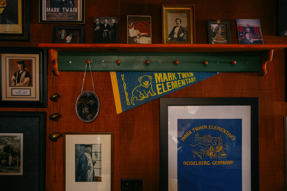Mark Twain memorabilia lines the walls of McAvoy Layne’s home on Monday, April 21, 2025 in In ...