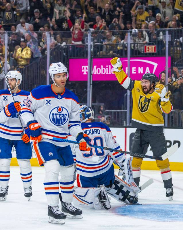 Golden Knights right wing Mark Stone (61) reacts to shooting the puck past Edmonton Oilers goal ...