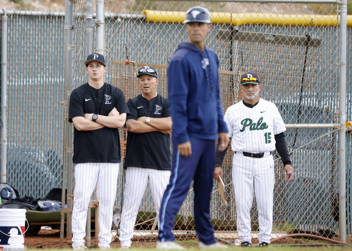 Palo Verde acting baseball coach Charlie Cerrone, right, coach Jeff Gerlica, left, coach Greg S ...