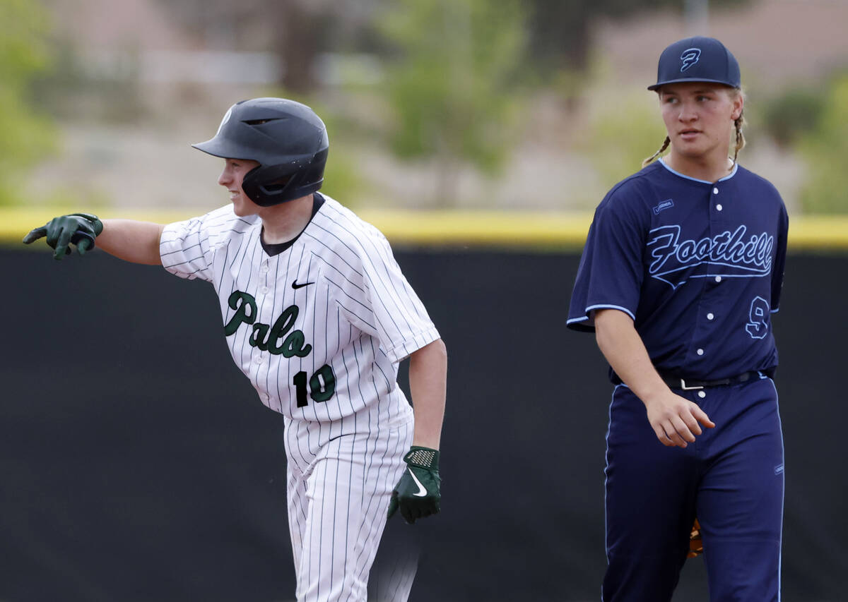 Palo Verde's Luke Jefferies reacts after hitting a double as Foothill infielder Colten Werber ...
