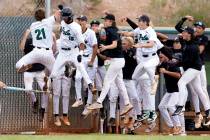 Palo Verde first baseman Tanner Johns (21) celebrates with his teammates after hitting a grand ...