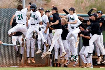Palo Verde first baseman Tanner Johns (21) celebrates with his teammates after hitting a grand ...